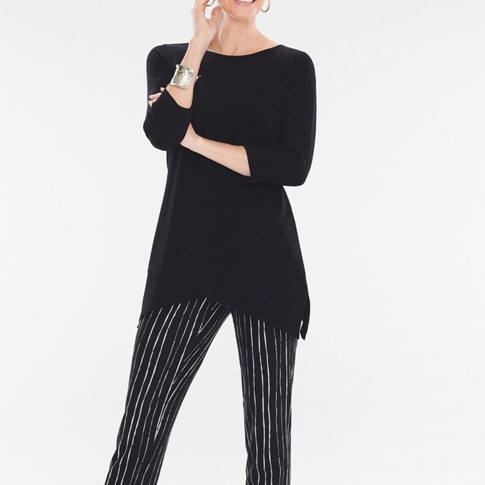 CHICO'S Travelers Sharkbite Hem Tunic with 3/4 Sleeves BLACK Size 3 NWT